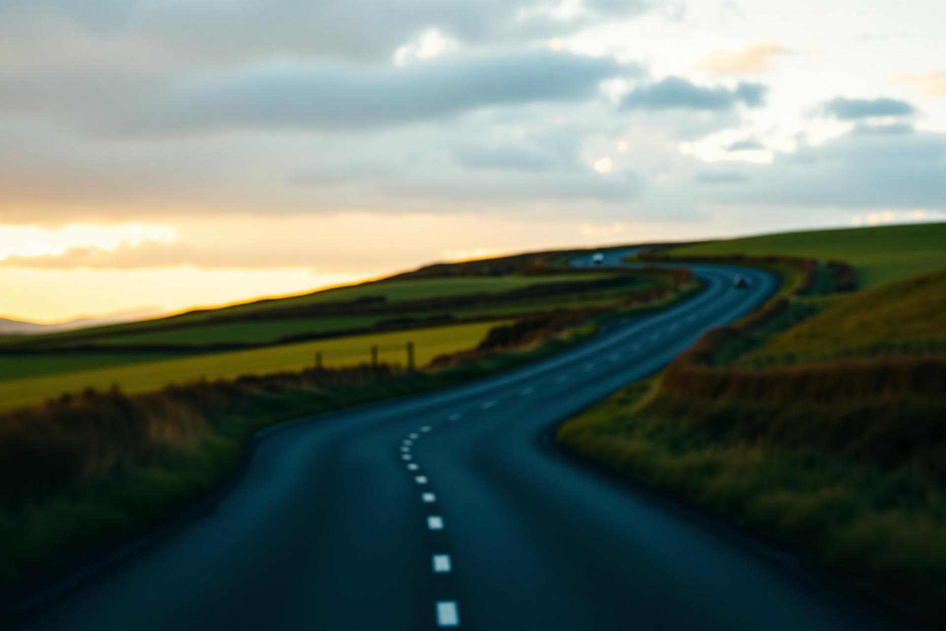 Quiet Irish country road at golden hour